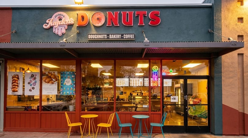 Exterior of Jayden's Donuts shop with large windows, outdoor seating, and a neon "OPEN" sign.